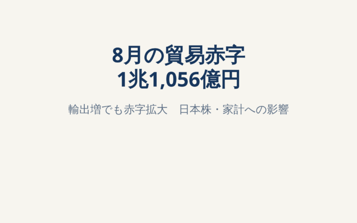 8月の貿易赤字1兆1,056億円｜輸出増でも赤字拡大、日本株・家計への影響