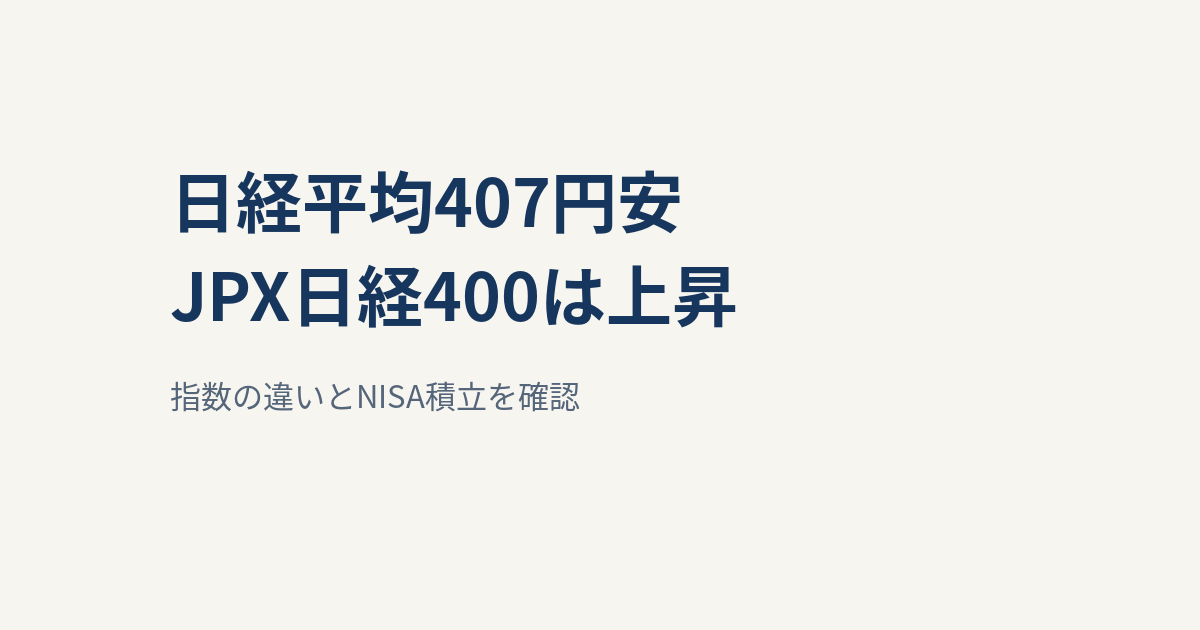 日経平均407円安、JPX日経400は小幅上昇｜日本株・NISAの見方